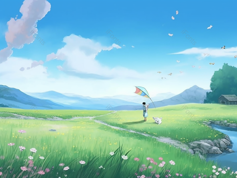 一个人带宠物放风筝春季夏季草坪草地户外郊游蓝天白云美景插画,插画/手绘图,插画/手绘图库,插画/手绘图下载,插画/手绘